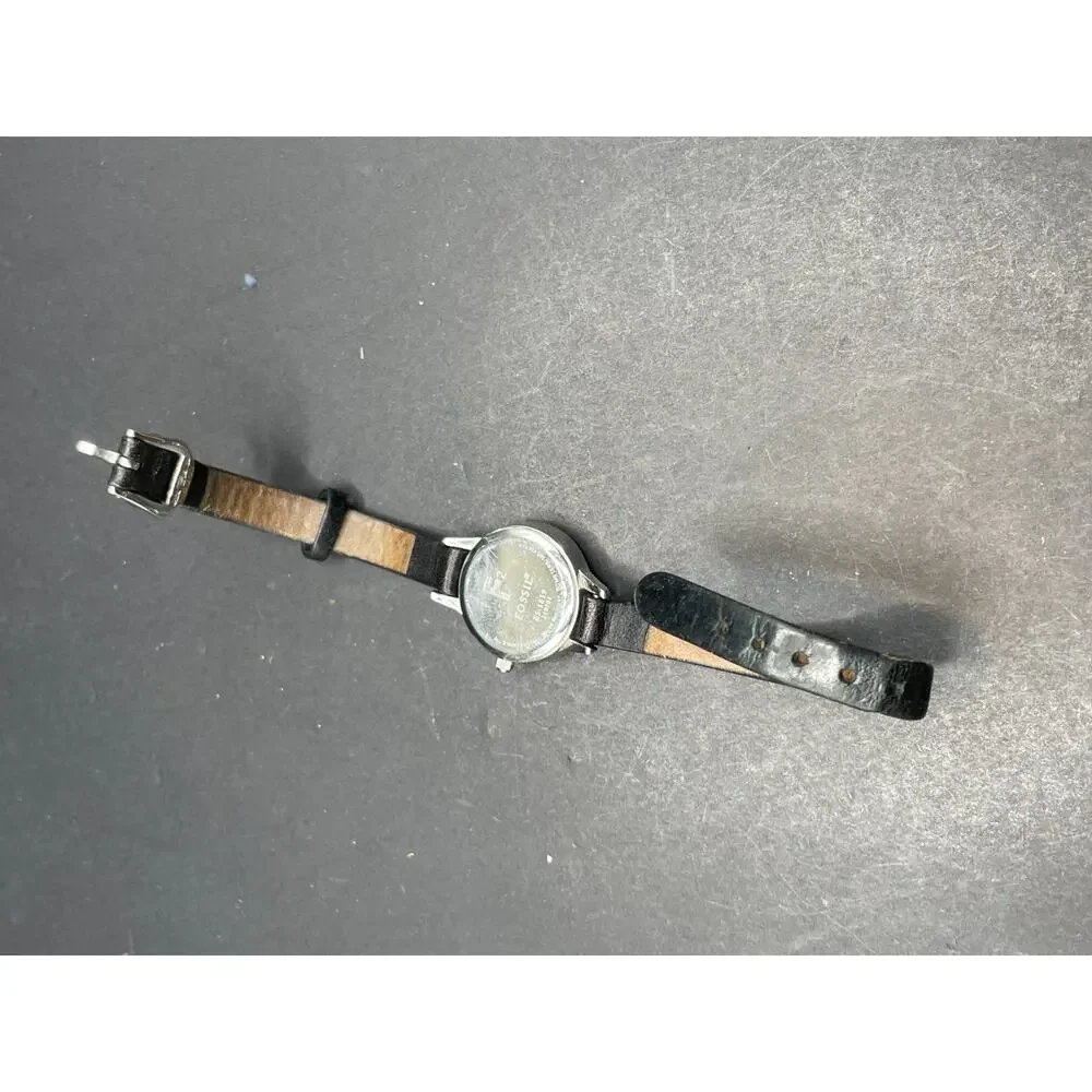 Fossil Quartz Watch ES-1819 50m Silver Tone Stainless Steel Black Leather Band